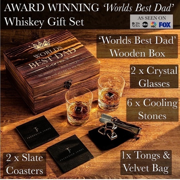 Brand New "World's Best Dad" Whiskey Glass Gift Set Wooden Engraved Box Stones - Picture 11 of 16